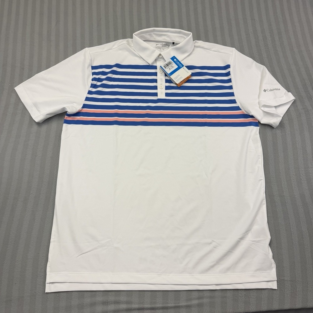 COLUMBIA Golf Men's XL Omni Wick‎ Polo White Blue Pink Stripes